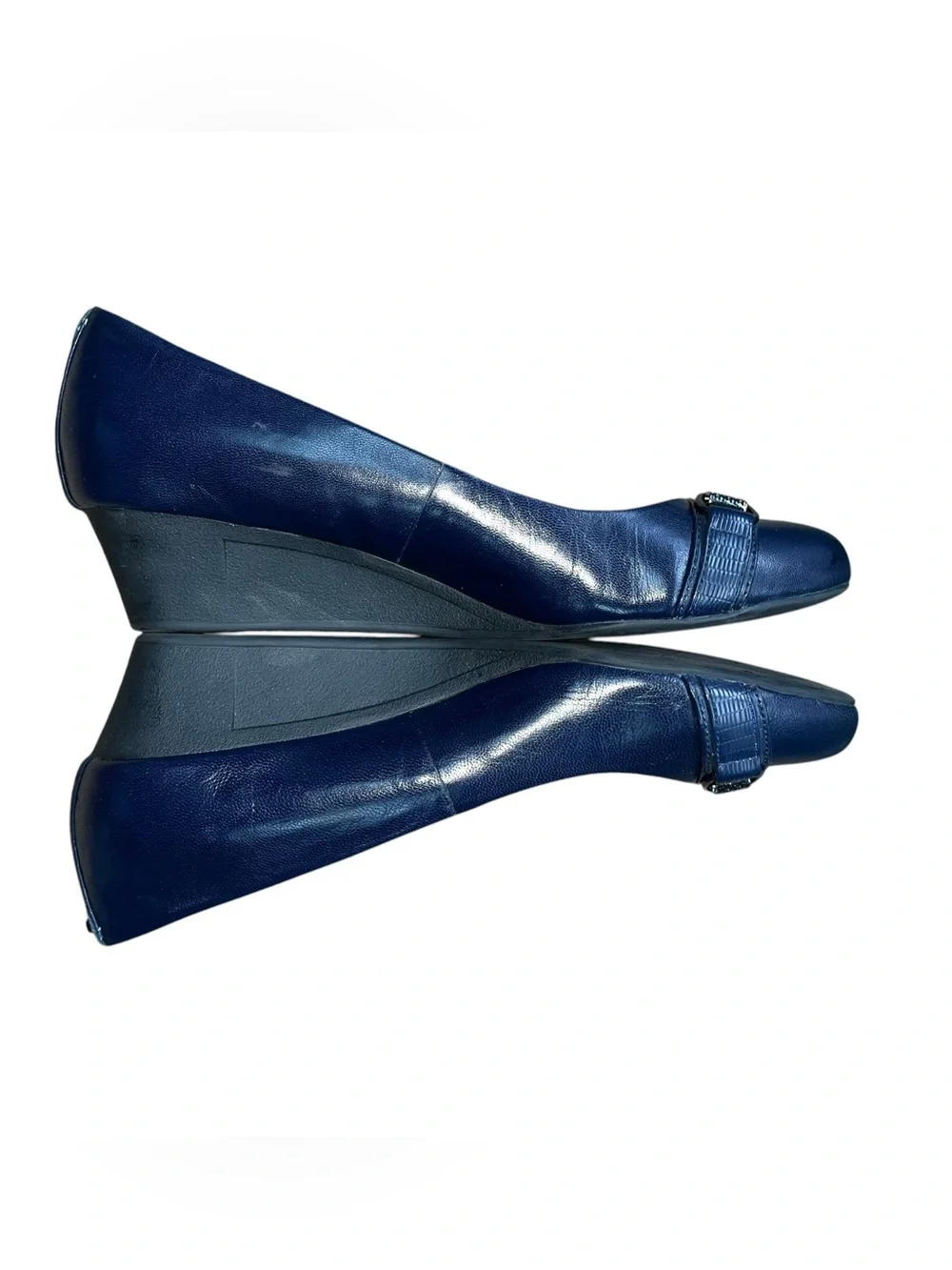 Bandolino Jacey Navy Blue Leather Wedge Slip On Shoes Women Size 8.5
